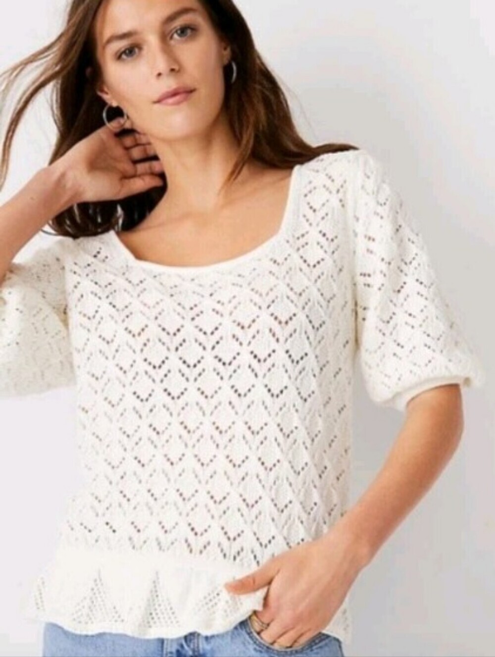 NWT Ann Taylor White Pointelle Square Neck Crochet Sweater Sz M